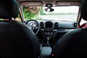 Interior of red city car. Small car for cities.